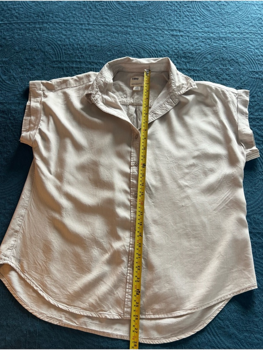 Tilley Tencel Cotton Beige Striped Button up Short Sleeve Outdoor Camp Shirt-L - Picture 10 of 10
